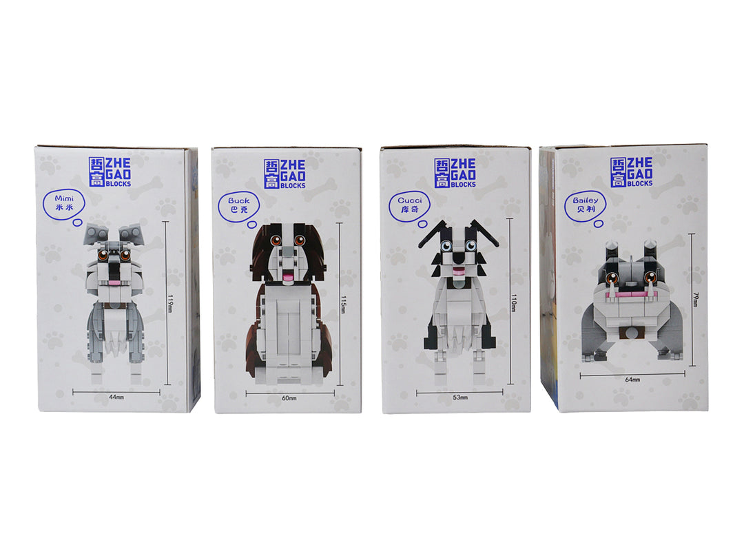 Set de cuatro figuras de perros construidas con bloques de plástico en colores blanco, negro, marrón y gris.