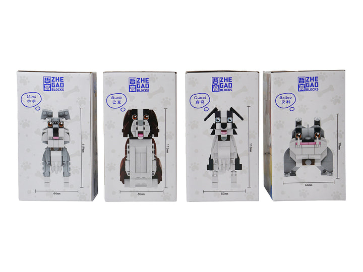Set de cuatro figuras de perros construidas con bloques de plástico en colores blanco, negro, marrón y gris.