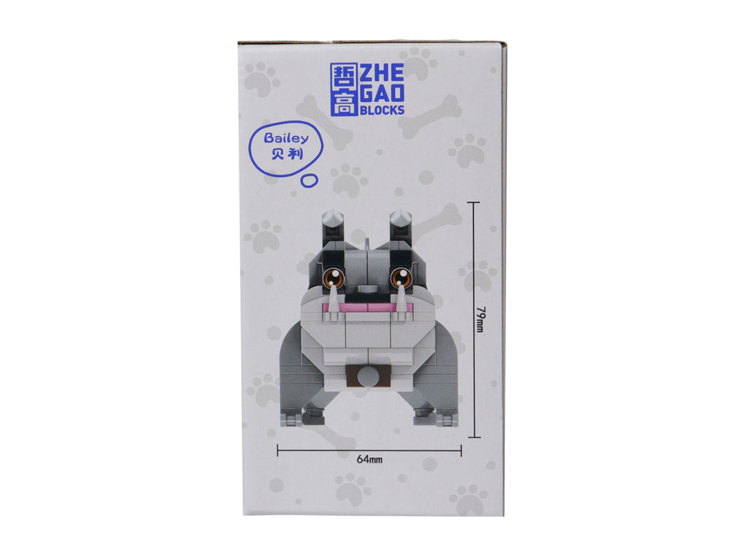 Set de cuatro figuras de perros construidas con bloques de plástico en colores blanco, negro, marrón y gris.