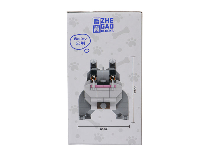 Set de cuatro figuras de perros construidas con bloques de plástico en colores blanco, negro, marrón y gris.
