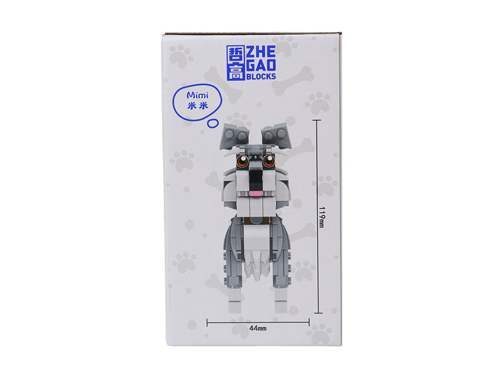 Set de cuatro figuras de perros construidas con bloques de plástico en colores blanco, negro, marrón y gris.