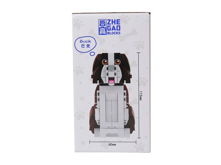 Set de cuatro figuras de perros construidas con bloques de plástico en colores blanco, negro, marrón y gris.