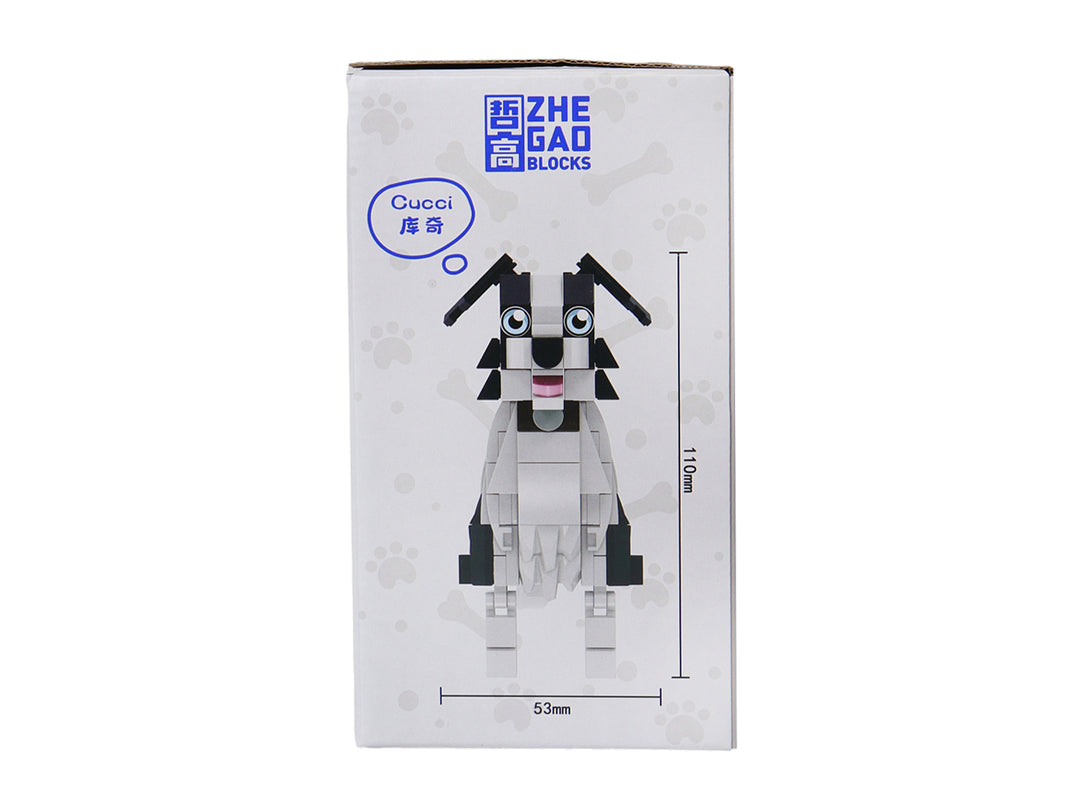 Set de cuatro figuras de perros construidas con bloques de plástico en colores blanco, negro, marrón y gris.