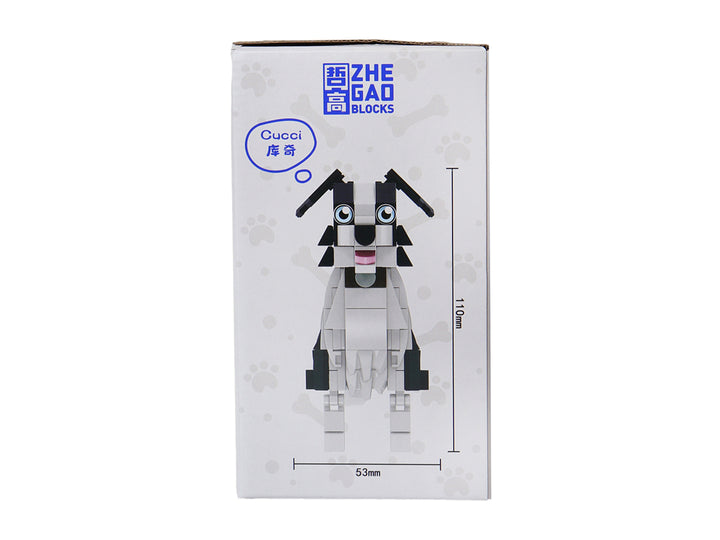 Set de cuatro figuras de perros construidas con bloques de plástico en colores blanco, negro, marrón y gris.