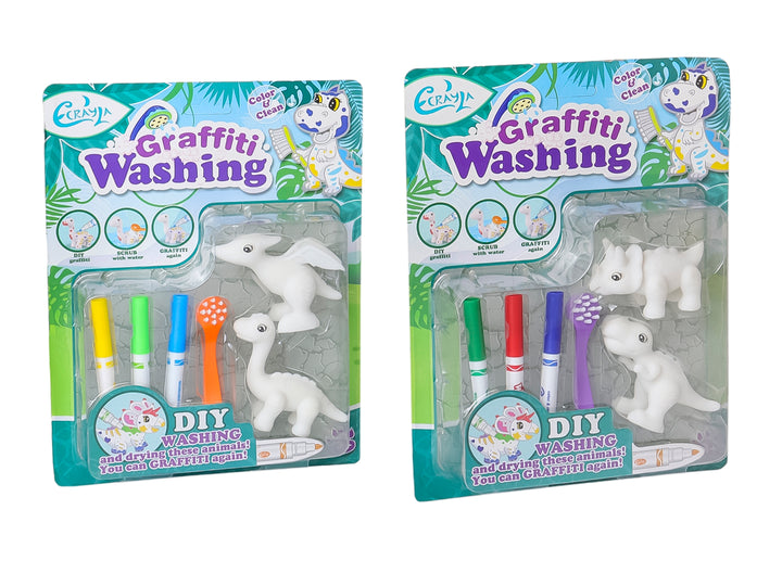 Set de juguetes Graffiti Washing con figuras de animales blancos, marcadores de colores y cepillos en empaque plástico.
