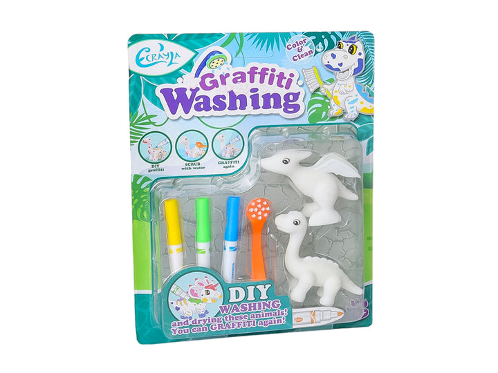 Set de juguetes Graffiti Washing con figuras de animales blancos, marcadores de colores y cepillos en empaque plástico.