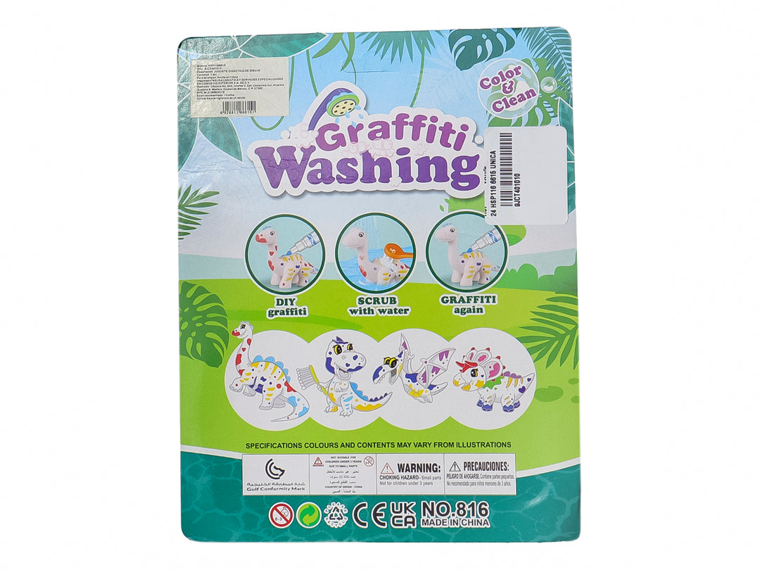 Set de juguetes Graffiti Washing con figuras de animales blancos, marcadores de colores y cepillos en empaque plástico.