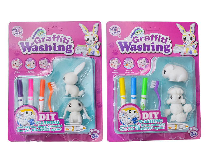 Dos sets de juguetes Graffiti Washing con figuras de animales blancos, marcadores de colores y cepillos en empaque morado.