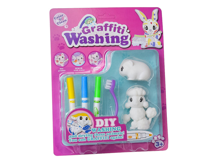 Dos sets de juguetes Graffiti Washing con figuras de animales blancos, marcadores de colores y cepillos en empaque morado.