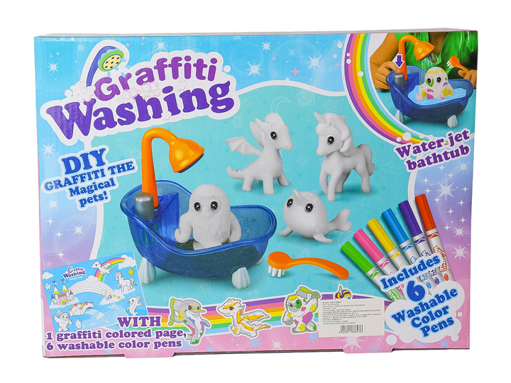 Set de juguetes didácticos con figuras blancas, tina azul, cepillo naranja y marcadores de colores.