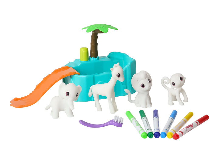 Set de juguete educativo con figuras de animales blancos, marcadores de colores y una base azul con palmera.