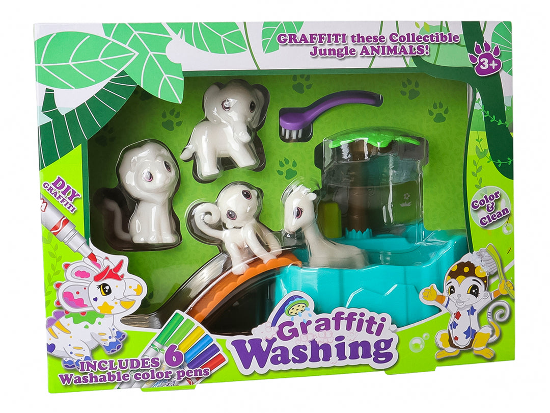 Set de juguete educativo con figuras de animales blancos, marcadores de colores y una base azul con palmera.