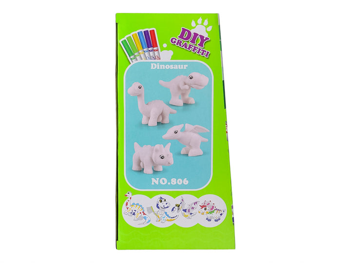 Set de juguete educativo con figuras de animales blancos, marcadores de colores y una base azul con palmera.