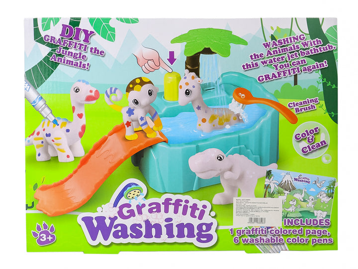 Set de juguete educativo con figuras de animales blancos, marcadores de colores y una base azul con palmera.