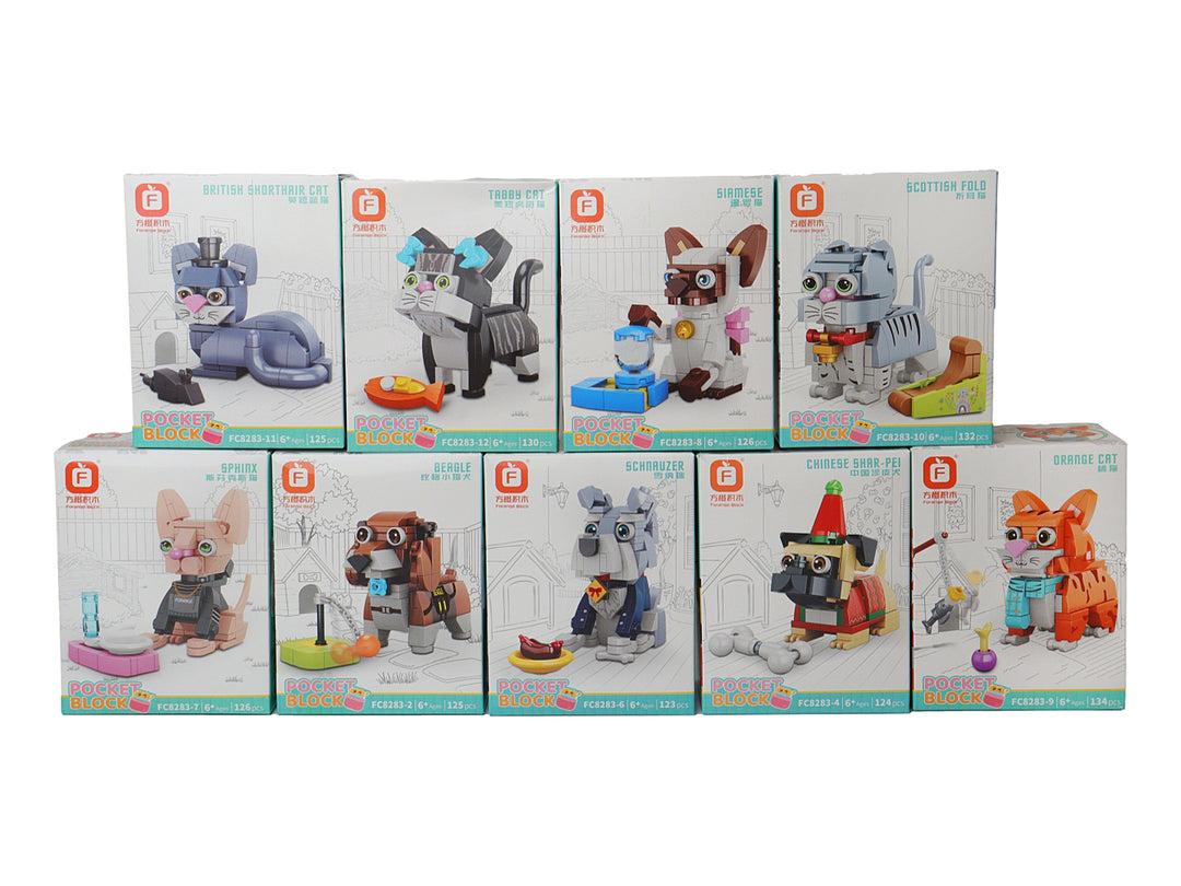 Set de cajas de juguetes de bloques de construcción Kelder Toys con figuras de gatos y perros coloridos.