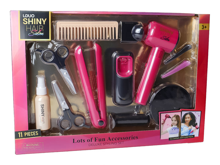 Set de juguete de peluquería de 11 piezas en color rosa y negro, incluye secadora, tijeras y peine en empaque transparente.