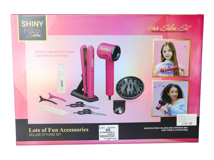 Set de juguete de peluquería de 11 piezas en color rosa y negro, incluye secadora, tijeras y peine en empaque transparente.