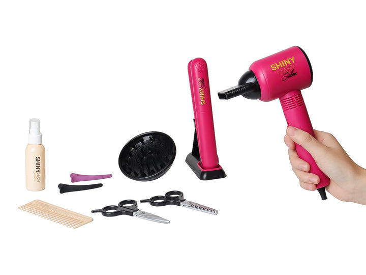 Set de juguete de peluquería de 11 piezas en color rosa y negro, incluye secadora, tijeras y peine en empaque transparente.
