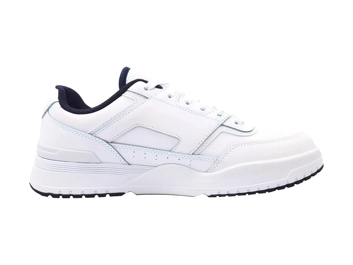 Tenis deportivos FILA de color blanco con detalles en azul marino, diseño clásico y suela blanca.