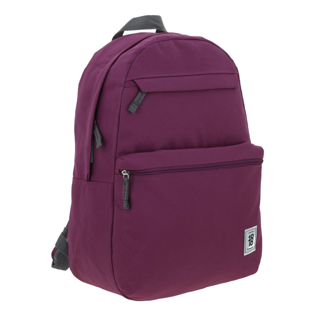 Mochila juvenil de color lila con detalles en gris y múltiples compartimentos frontales.