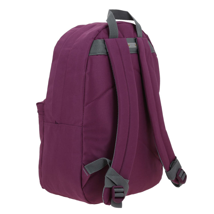 Mochila juvenil de color lila con detalles en gris y múltiples compartimentos frontales.