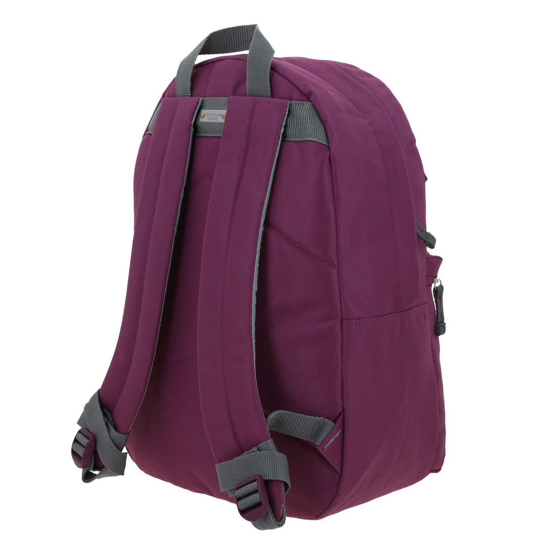 Mochila juvenil de color lila con detalles en gris y múltiples compartimentos frontales.
