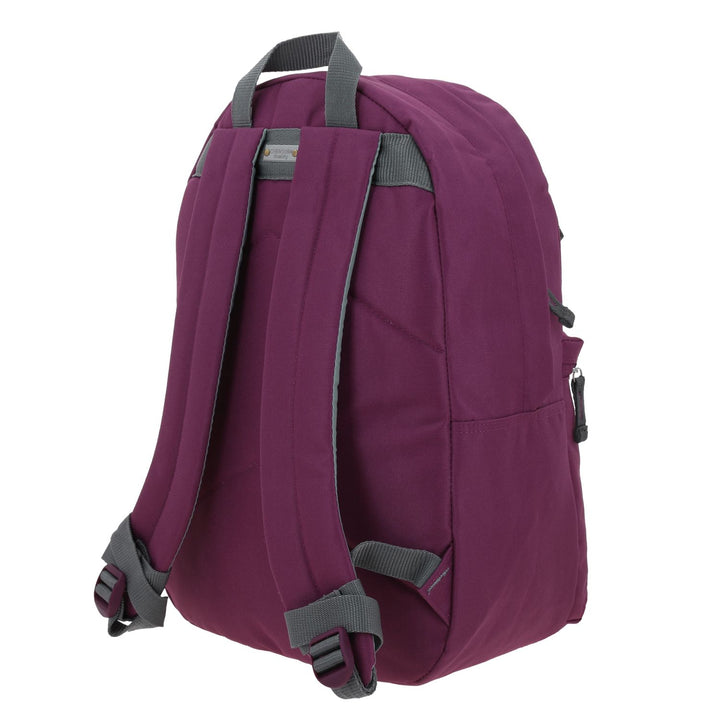 Mochila juvenil de color lila con detalles en gris y múltiples compartimentos frontales.