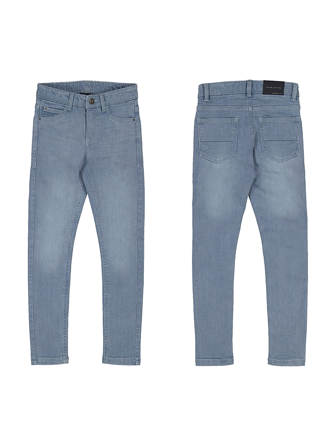 Vista frontal y trasera de pantalón tejano skinny fit en color azul grisáceo para niño.