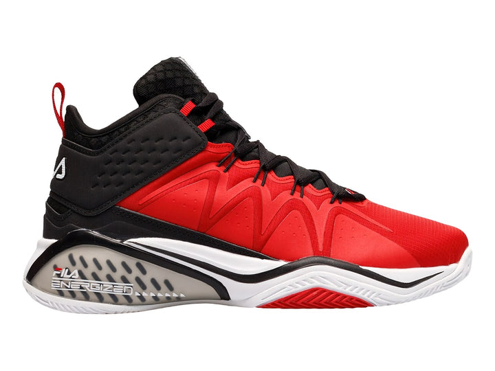 Tenis deportivos FILA de corte alto en colores rojo, negro y blanco.
