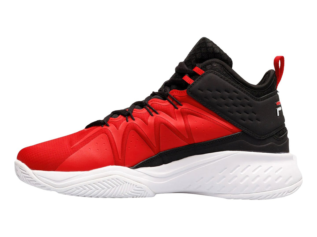 Tenis deportivos FILA de corte alto en colores rojo, negro y blanco.