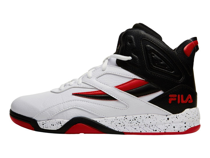 Tenis deportivos FILA de bota alta en colores blanco, negro y rojo.
