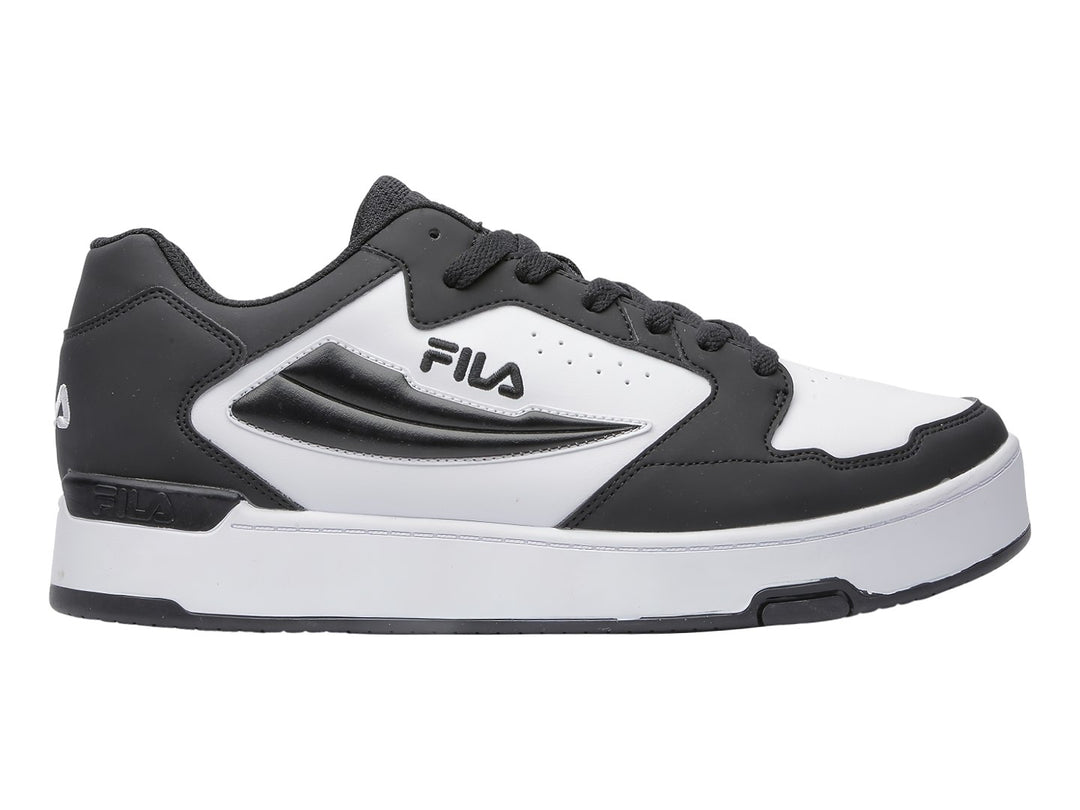 Tenis deportivos FILA en colores blanco y negro con suela blanca y detalles negros.