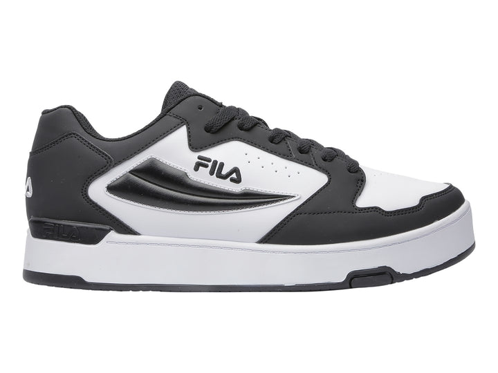 Tenis deportivos FILA en colores blanco y negro con suela blanca y detalles negros.