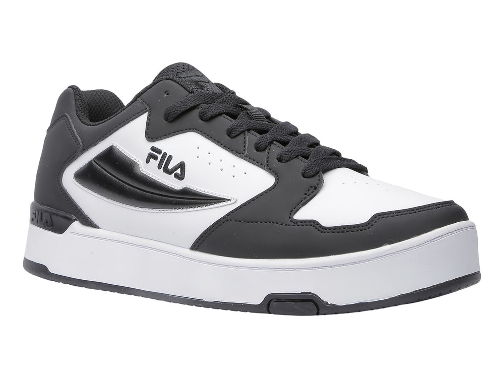 Tenis deportivos FILA en colores blanco y negro con suela blanca y detalles negros.