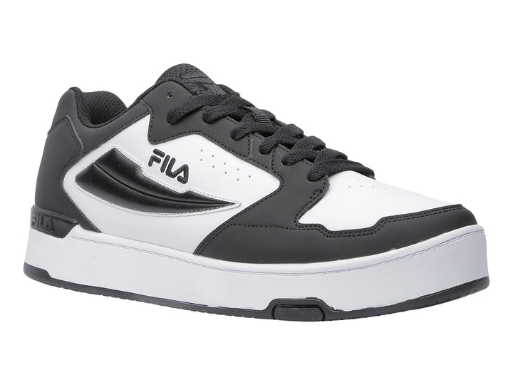 Tenis deportivos FILA en colores blanco y negro con suela blanca y detalles negros.