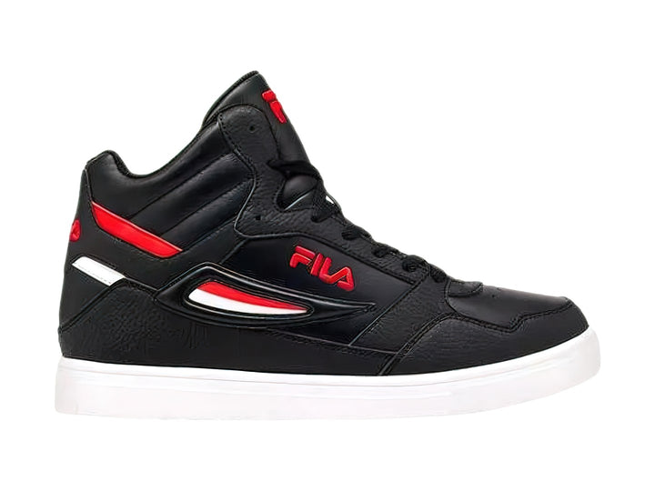 Tenis deportivos FILA tipo bota en color negro con detalles en rojo y blanco y suela blanca.