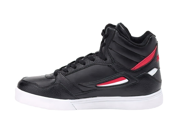 Tenis deportivos FILA tipo bota en color negro con detalles en rojo y blanco y suela blanca.