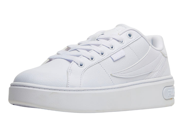 Tenis FILA blancos de plataforma con suela gruesa y cordones, vista lateral.