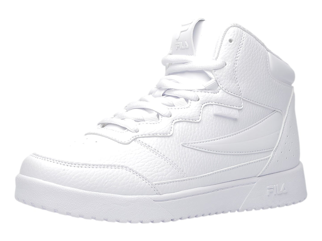 Tenis FILA blancos de corte alto con textura granulada y suela blanca.