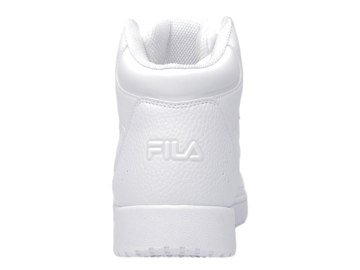 Tenis FILA blancos de corte alto con textura granulada y suela blanca.