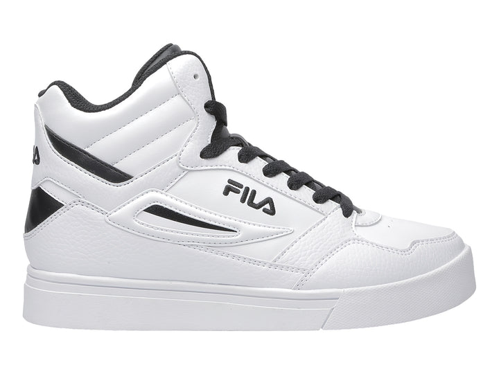 Tenis FILA de corte alto en color blanco con detalles y cordones en negro.