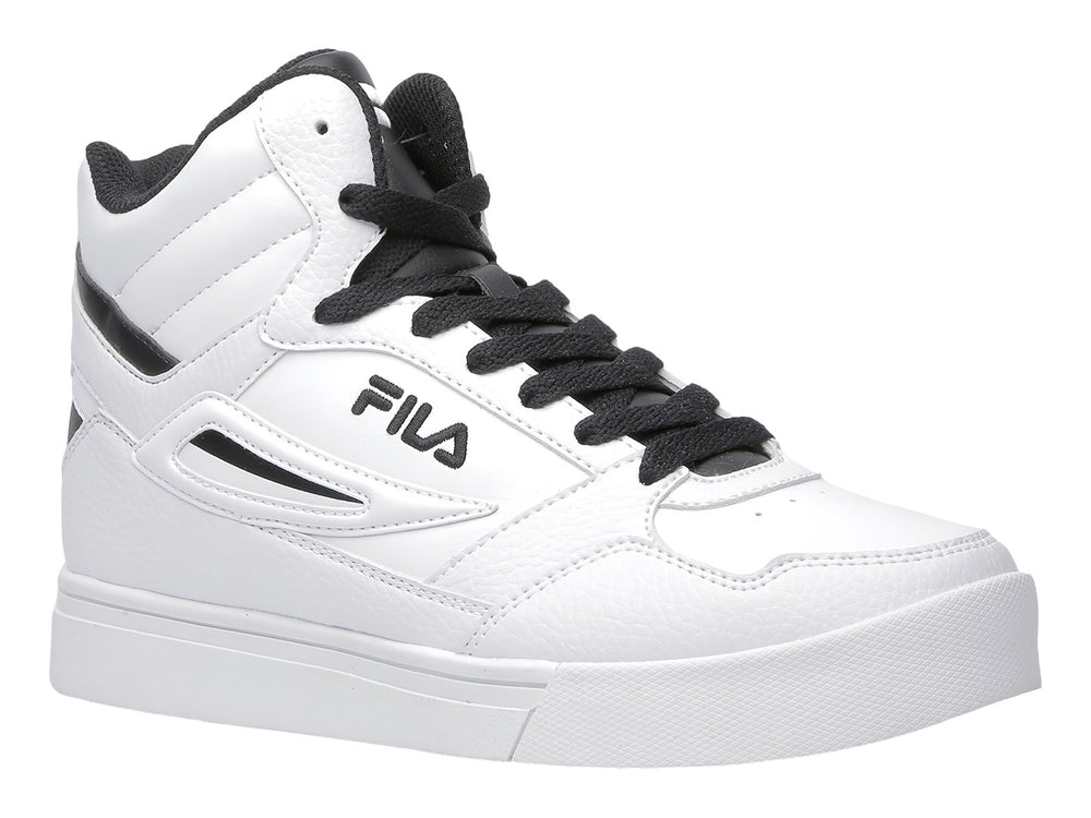 Tenis FILA de corte alto en color blanco con detalles y cordones en negro.