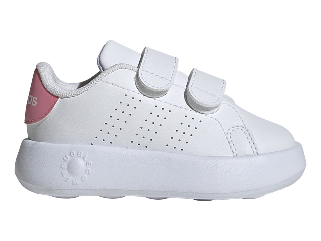 Tenis Adidas Advantage CF I en color blanco con detalles en rosa y cierre de velcro para niños.