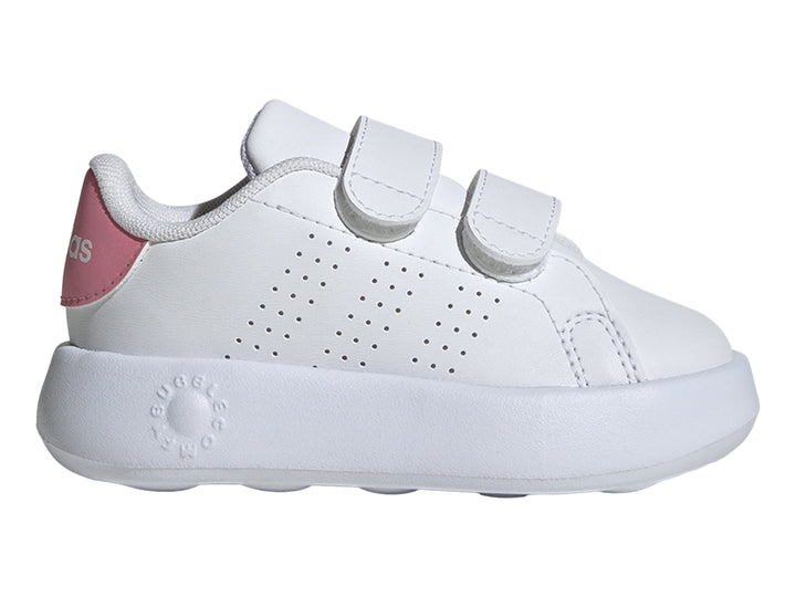 Tenis Adidas Advantage CF I en color blanco con detalles en rosa y cierre de velcro para niños.