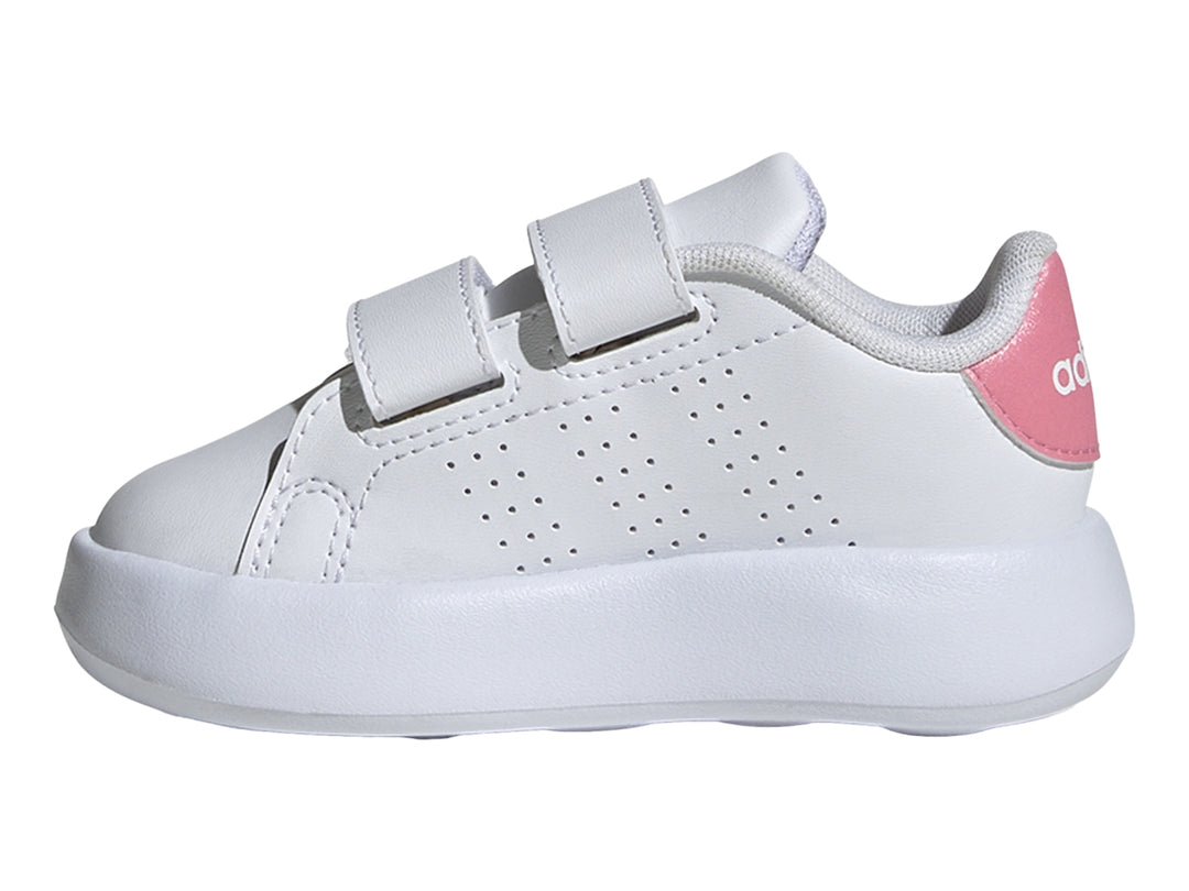 Tenis Adidas Advantage CF I en color blanco con detalles en rosa y cierre de velcro para niños.