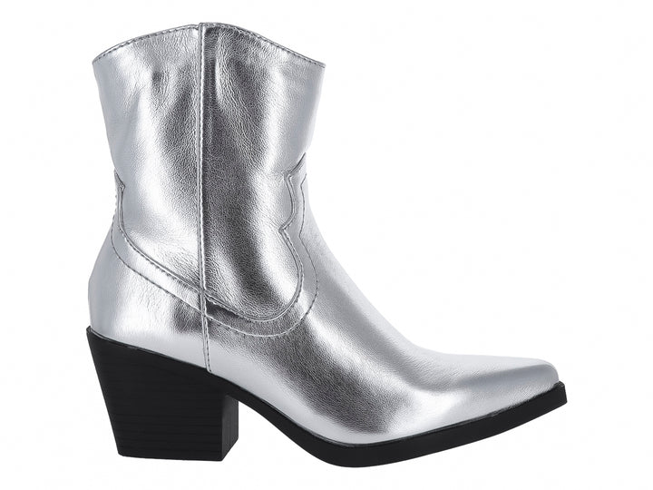 Botas estilo vaquero color plata metalizado con tacón cuadrado negro para Mujer.