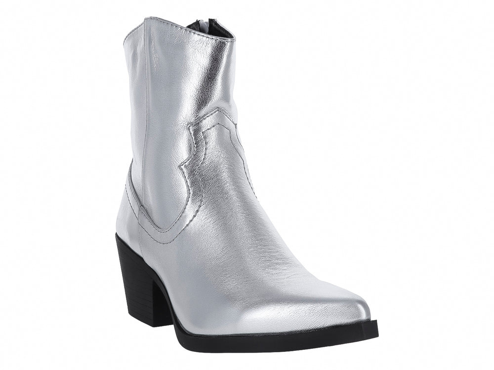 Botas estilo vaquero color plata metalizado con tacón cuadrado negro para Mujer.