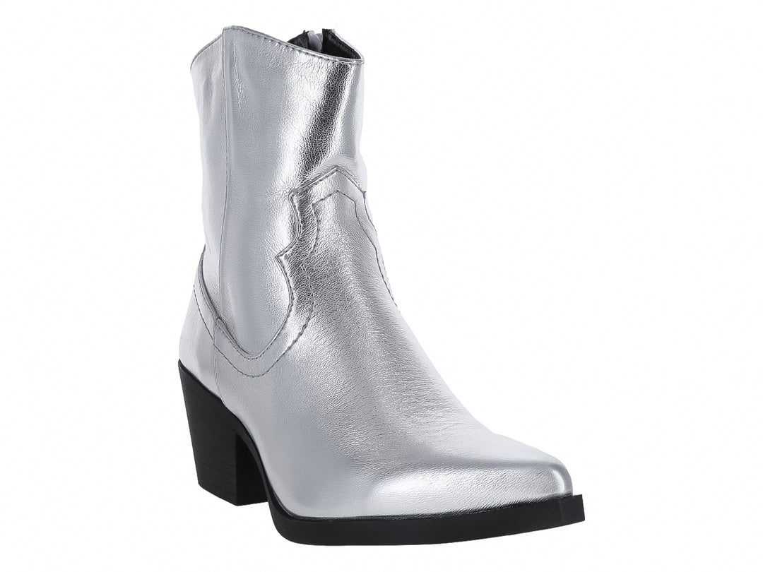 Botas estilo vaquero color plata metalizado con tacón cuadrado negro para Mujer.