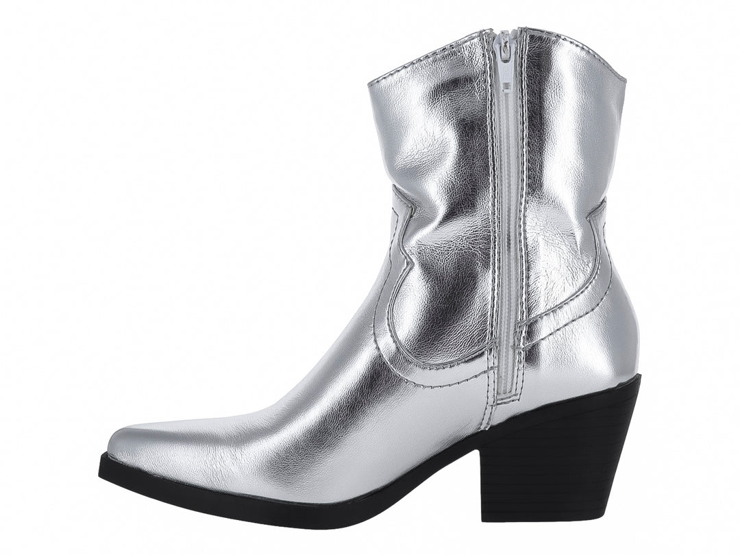 Botas estilo vaquero color plata metalizado con tacón cuadrado negro para Mujer.