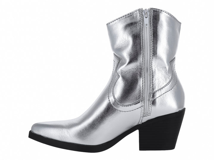 Botas estilo vaquero color plata metalizado con tacón cuadrado negro para Mujer.